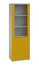 LE - 64 skříň léková prosklená, pravá, korpus šedý, dvířka žlutá odio